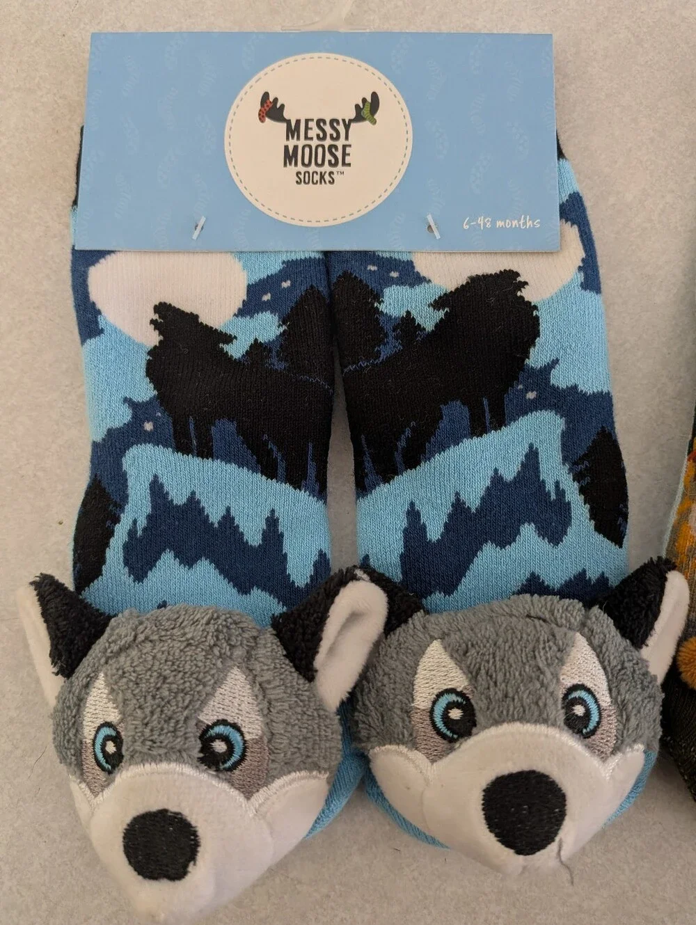Messy Moose Kids Plush Animal Socks - Blue Wolf & Brown Moose